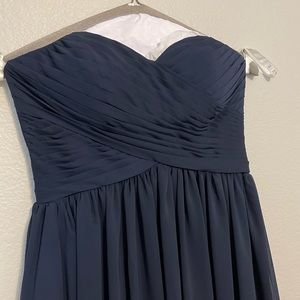 Navy strapless floor length dress